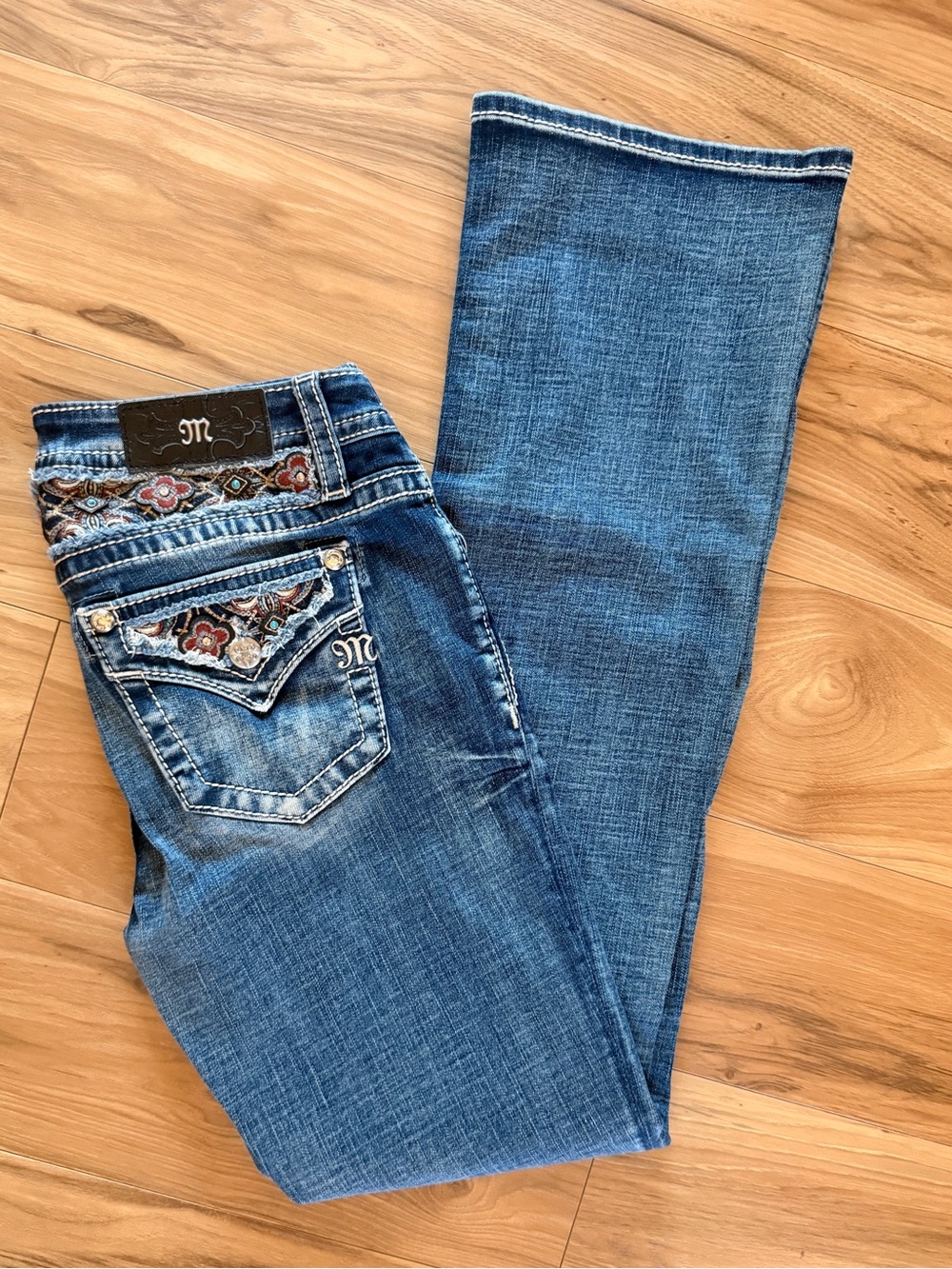 Miss Me Blue Bootcut Jeans with Floral Embroidered Pockets and Waistband
